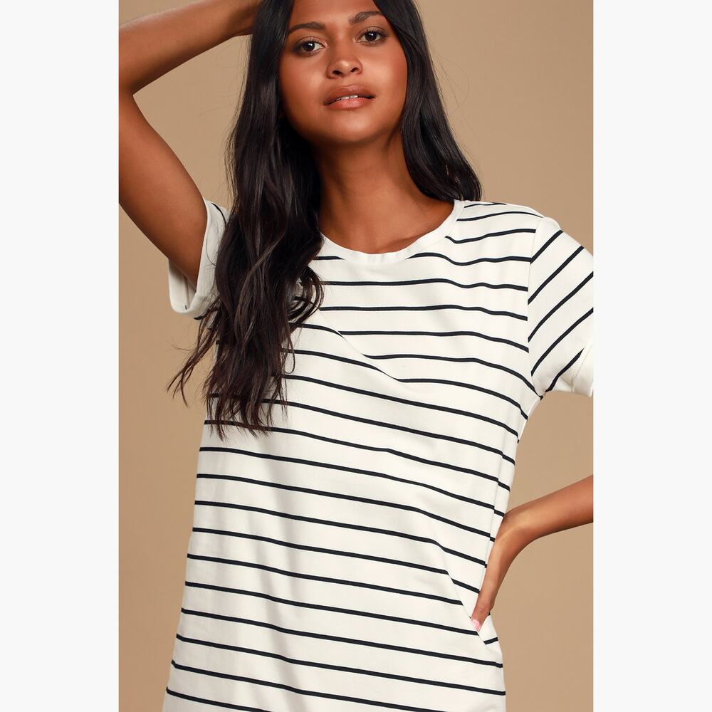 NWT LULUS "Cafe Society" Striped Shirt Dress (Black/Cream | Size XS) - Picture 4 of 7